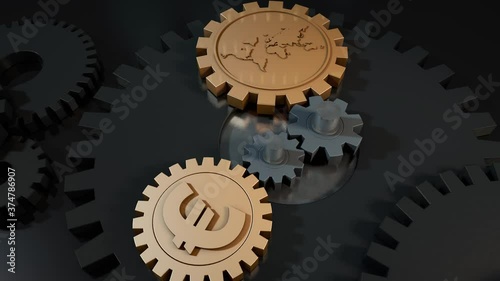 Euro sign gears and world gears, capital investment and global cooperation, economic development