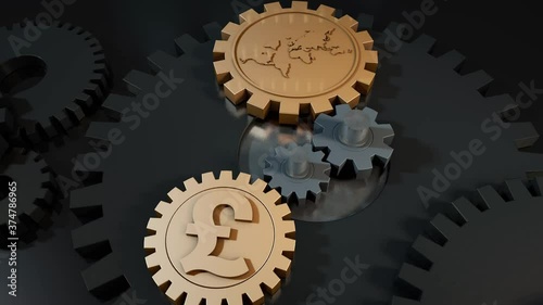 Pound symbol gear and world gear, capital investment and global cooperation, economic development