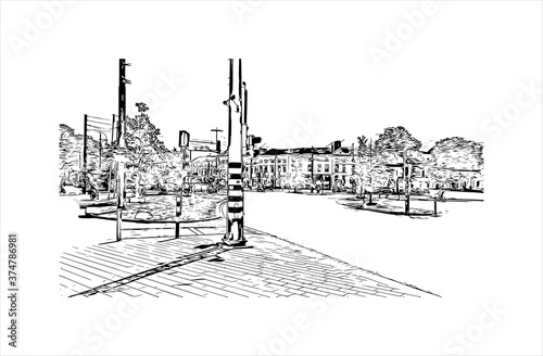 Building view with landmark of Arnhem is a city and municipality situated in the eastern part of the Netherlands. Hand drawn sketch illustration in vector.