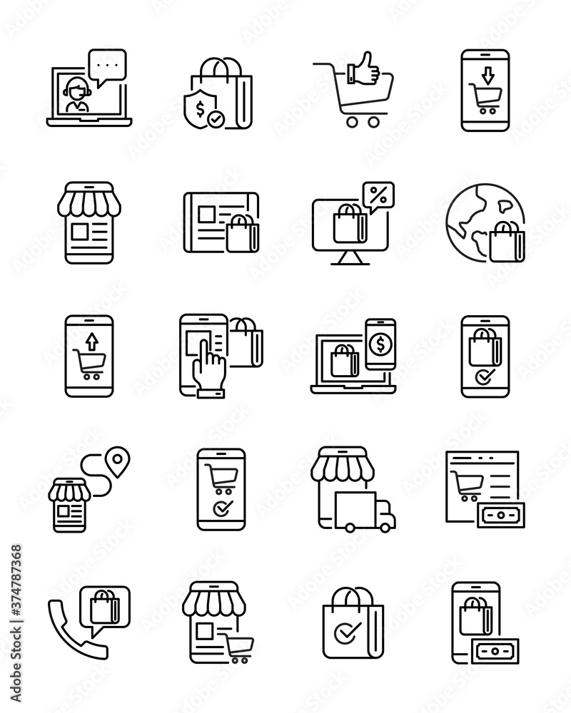 set of online shopping thin line icons, application store, customer service, ecommerce