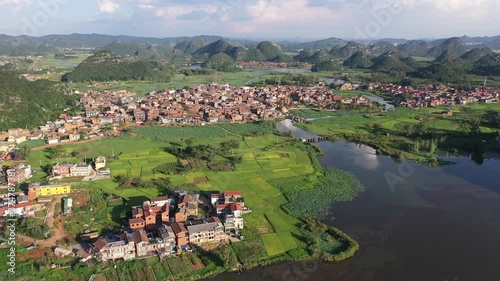 Aerial view of Puzhehei Scenic Area in Yunnan, China photo