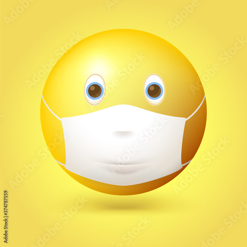 Emoji emoticon with medical mask over mouth and nose. Vector 3d illustration.