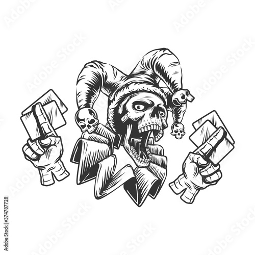 joker skull with playing cards, Isolated black and white vector illustration on the white background.