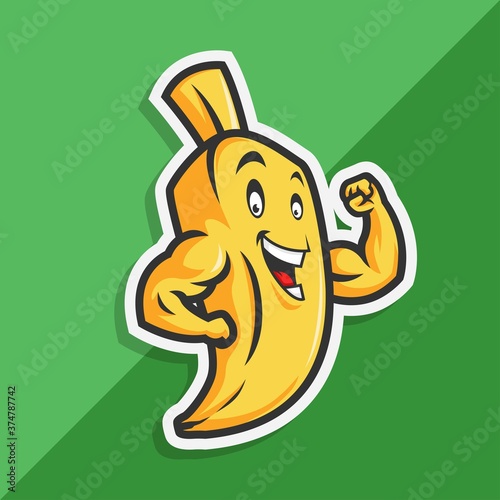 cute banana cartoon mascot character cool expression with muscle gesture. vector illustration