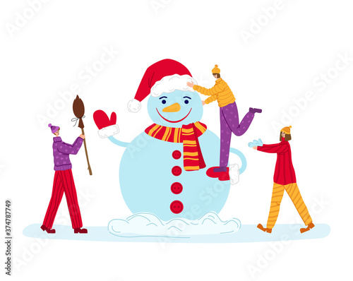 Christmas or New Year greeting card - tiny men and women are making snowman. Winter day outdoor activity for friends, mini people characters flat cartoon - vector composition for card or poster