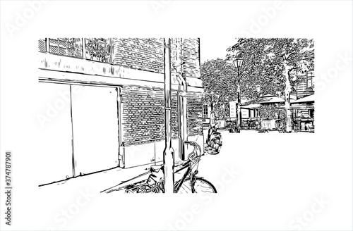Building view with landmark of Arnhem is a city and municipality situated in the eastern part of the Netherlands. Hand drawn sketch illustration in vector.