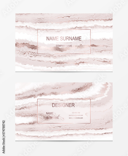 Agate texture design business cards with rose gold foil stripes.