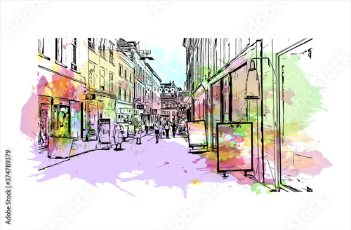 Building view with landmark of Arnhem is a city and municipality situated in the eastern part of the Netherlands. Watercolor splash with hand drawn sketch illustration in vector.