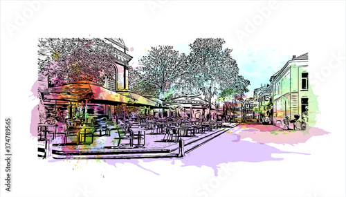 Building view with landmark of Arnhem is a city and municipality situated in the eastern part of the Netherlands. Watercolor splash with hand drawn sketch illustration in vector.