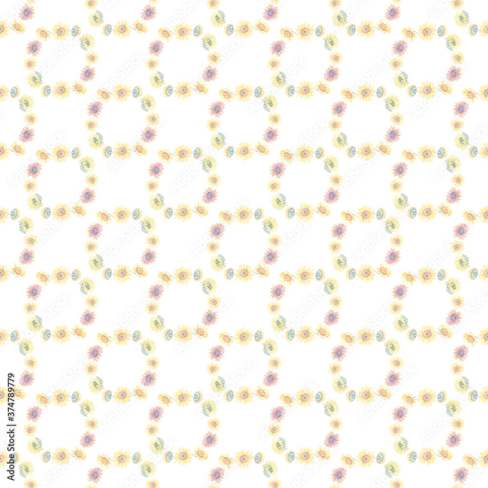 Seamless watercolour sunflowers pattern on white background