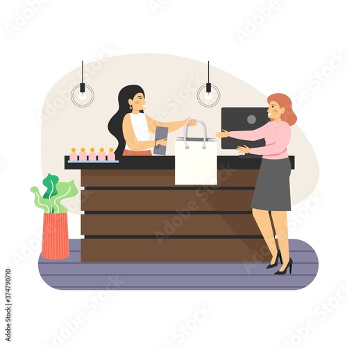 Retail store counter. Happy woman shopping in fashion store, flat vector illustration