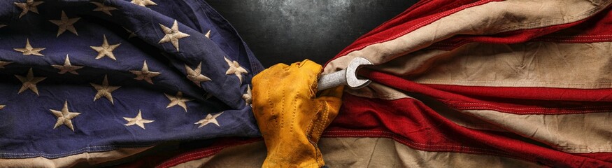 Worn work glove holding wrench tool and gripping old worn US American flag. Made in USA, American workforce, blue collar worker, or Labor Day concept.