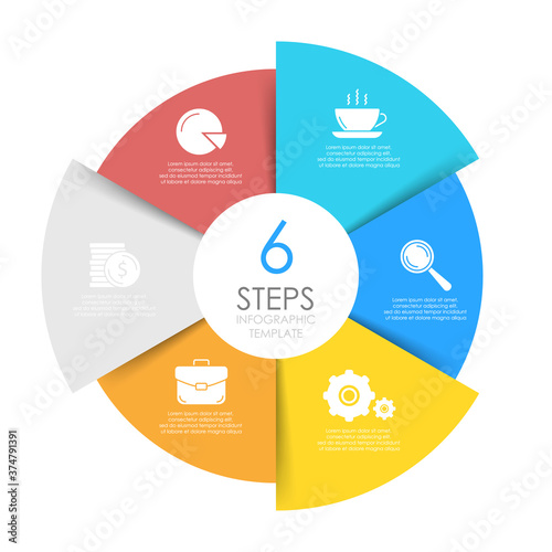 Circle infographics template can be used diagram, presentation or web design. Business concept with 6 options or steps. Vector infographic design.