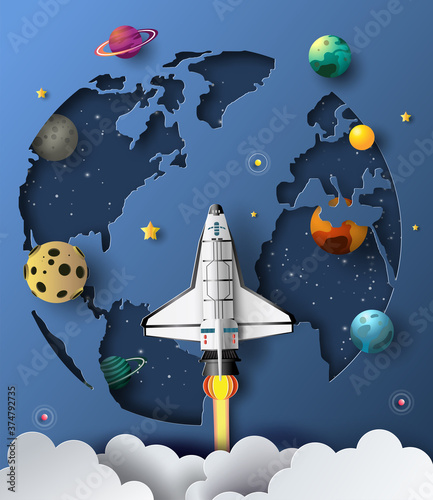 Fototapeta Naklejka Na Ścianę i Meble -  Paper art style of the space shuttle taking off in space, start-up concept, flat-style vector illustration.