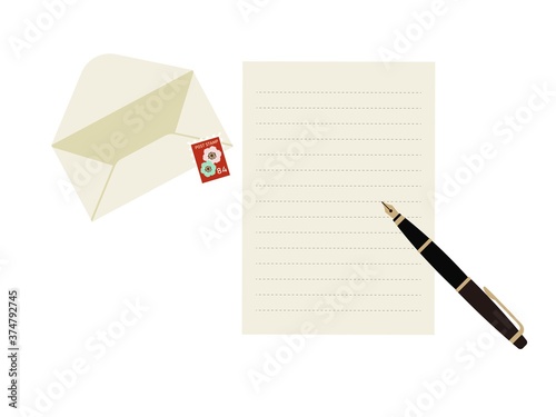 万年筆で手紙を書く　レターセットと切手と万年筆