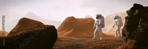 astronauts on Mars  travelers exploring the landscape on the red planet