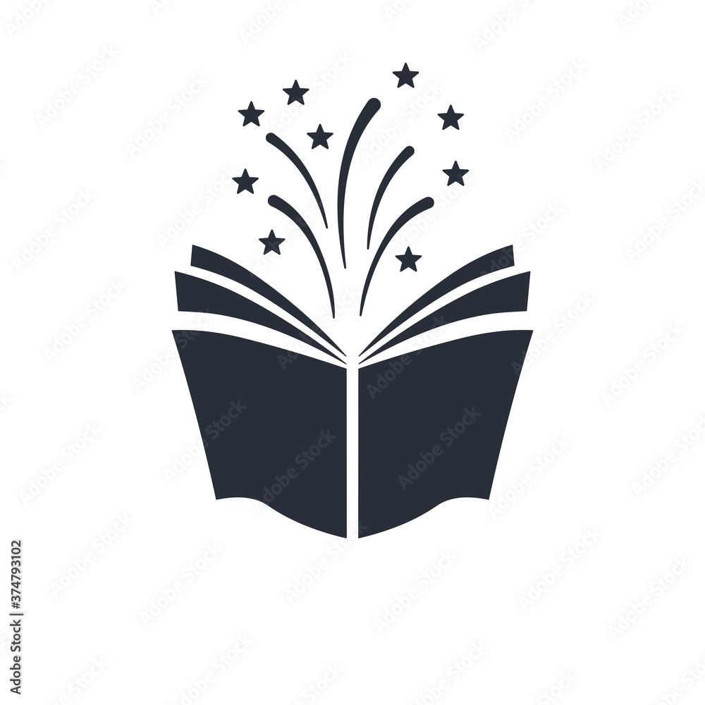 Book and fountain of knowledge. Vector icon isolated on white background.