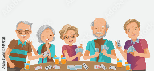 elderly playing games. happy senior woman elderly smiling and old man laughing. while playfull  as a recreational activity or therapy together with the group of retired peple.
