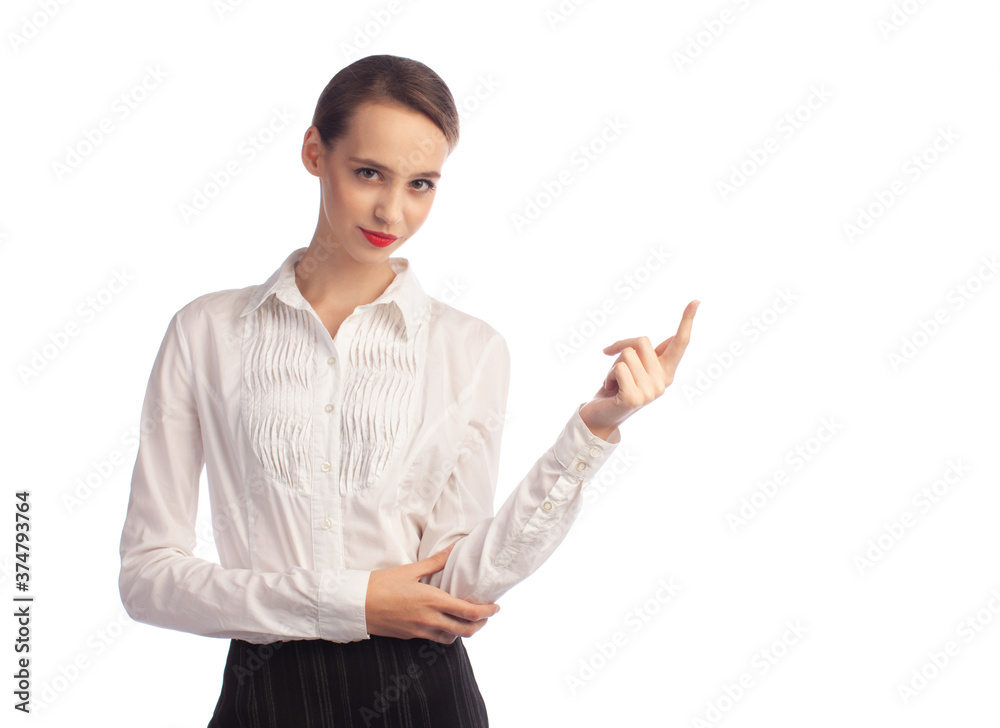 young elegance business woman showing copy space right isolated on white background young elegance business woman showing copy space right isolated on white background