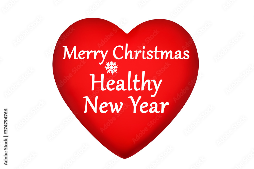 Red heart, Merry Christmas & Healthy New Year text, snowflake pattern on white background isolated, happy 2021 holiday banner, symbol of world victory over coronavirus, greeting card, love & life sign