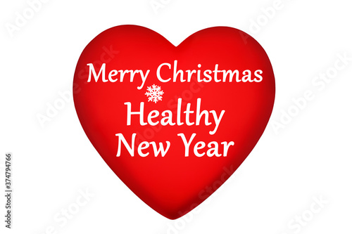 Red heart, Merry Christmas & Healthy New Year text, snowflake pattern on white background isolated, happy 2021 holiday banner, symbol of world victory over coronavirus, greeting card, love & life sign