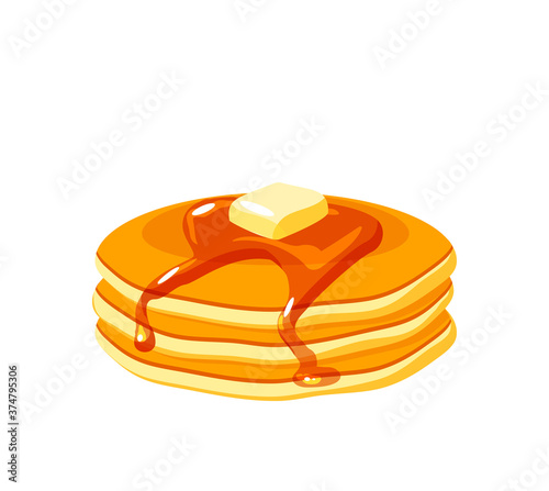 Pile of pancakes with butter and maple syrup. Vector illustration cartoon flat icon isolated on white.
