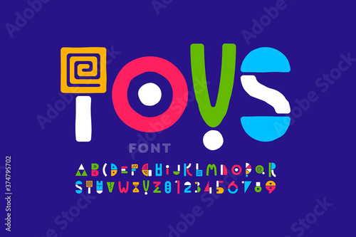 Playful style font, childish alphabet letters and numbers 
