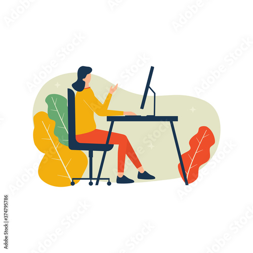 Vector illustration, woman working with computer, work from home