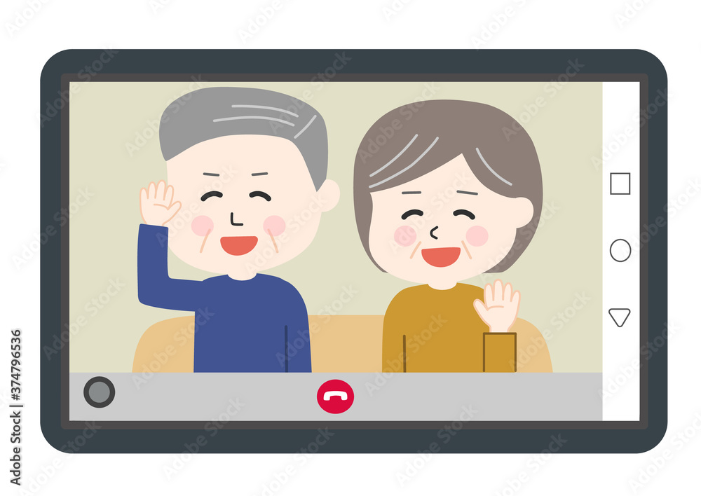 Elderly couple sitting on the sofa and having video call on tablet or smartphone. Vector illustration isolated on white background. Elderly couple sitting on the sofa and having video call on tablet or smartphone. Vector illustration isolated on white background.