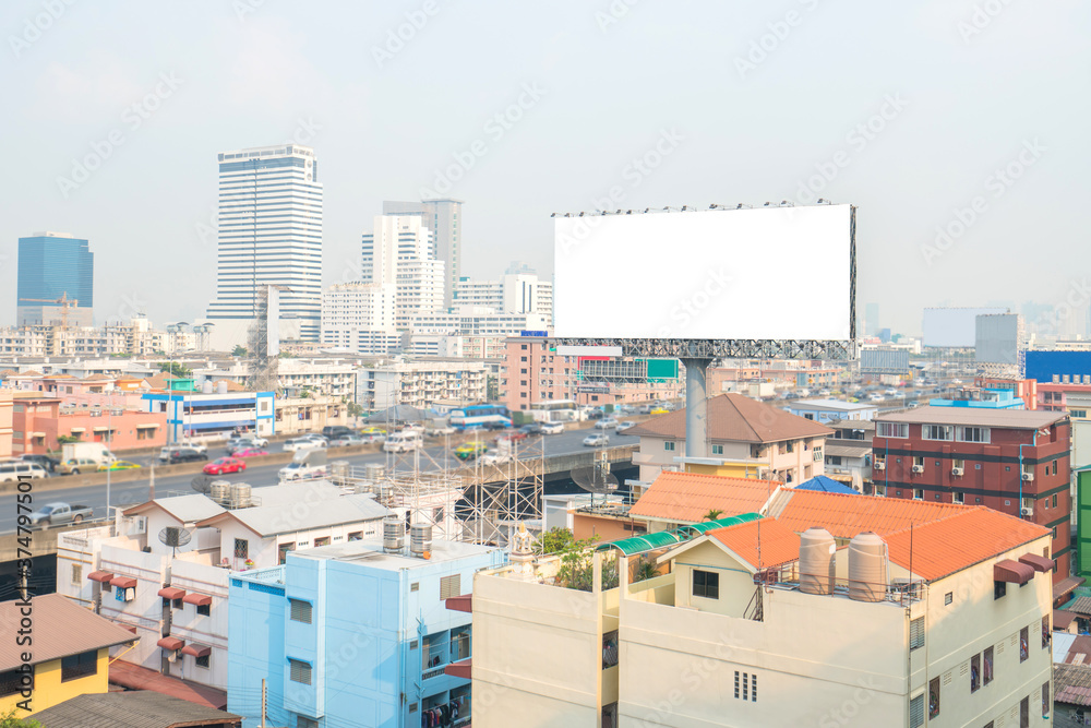 Mockup image of Blank billboard white screen posters in the city on road for advertising background
