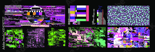 Bundle of glitch overlays. Computer screen error, digital pixel noise design.