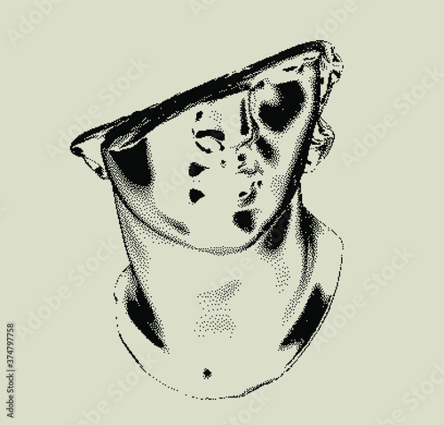 Minimal fashion illustration with fragmentary bust in bitmap pixel art style. 