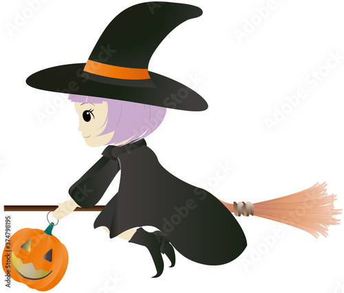ハロウィンに欠かせないホウキにのて空を飛ぶ可愛い魔女のイラスト