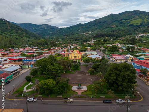 Beautiful aerial View of the town of Santa Maria Of Dota in Costa Rica and its green mountains and forest 