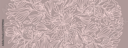 Elegant linear magnolia flowers, floral background horizontal design. Vector botanical illustration. Invitation card template, banner design with exotic flowers. Line art magnolia in pastel colors