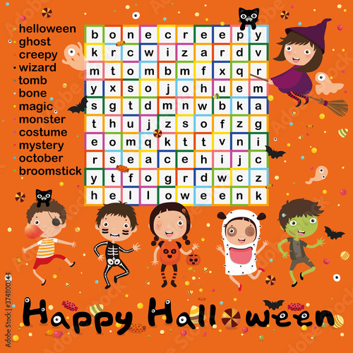 Education game for kids, Word search puzzle activity, Halloween learning, Vector flat style, illustration 