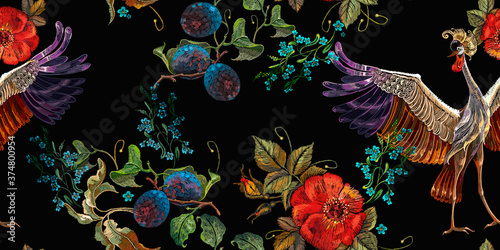 Embroidery crane birds, vine grapes and roses flowers seamless pattern. Fashion template for clothes, textiles, t-shirt design