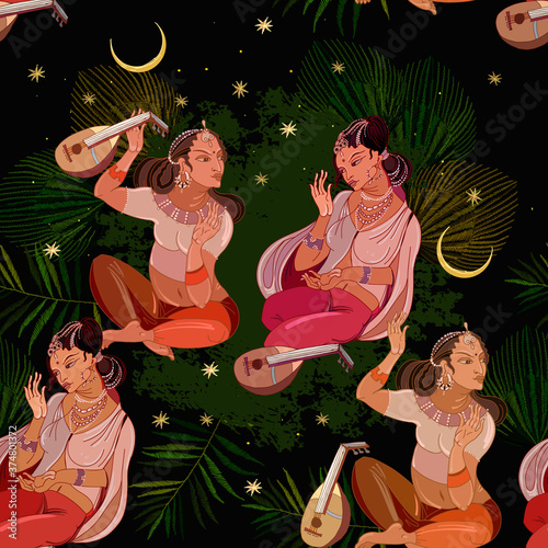 Scheherazade tell fairy tales in moonlight night. Fashion indian princesses. East murals style. Beautiful girls. Seamless pattern. Women in national ethnic clothes. Arabic astrology