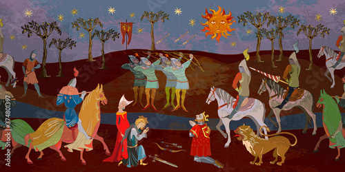 Medieval seamless pattern. Ancient book vector illustration. Knights, cavalry. Historical art. Middle Ages style