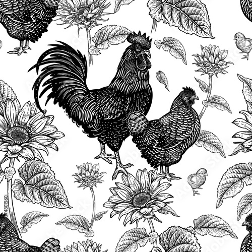 Seamless pattern with chicken, rooster, hen and sunflowers. Decorative background.