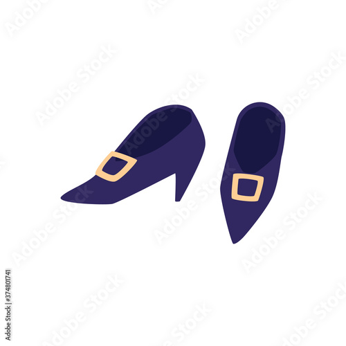 Witch magic shoes or boots with buckles, flat vector illustration isolated.