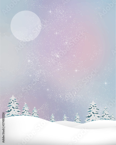 冬の景色：水彩　冬　景色　山　雪　雪山　星　夜空　キラキラ　ミルキーウェイ