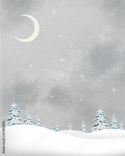 冬の景色：水彩　冬　景色　山　雪　雪山　星　夜空　キラキラ　ミルキーウェイ