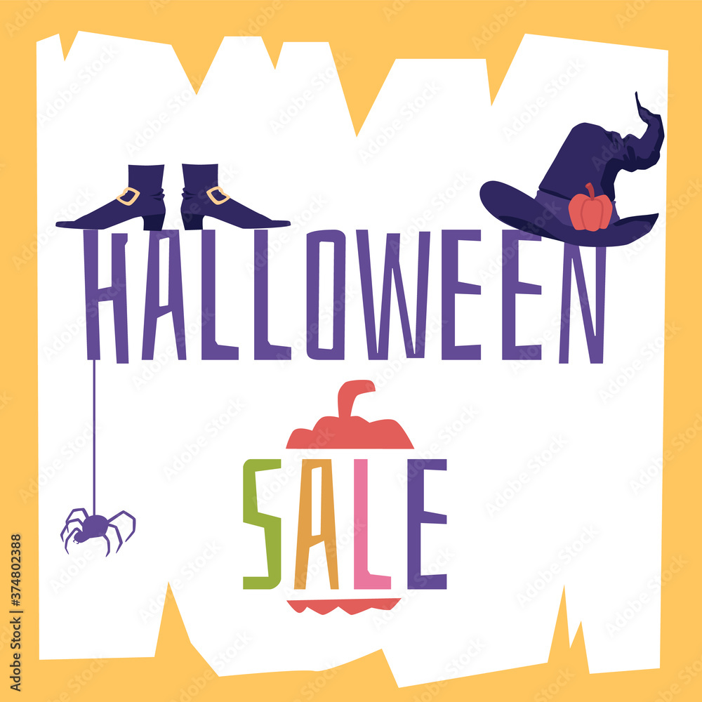 Fototapeta premium Halloween holiday sale poster with witch hat, shoes, spider
