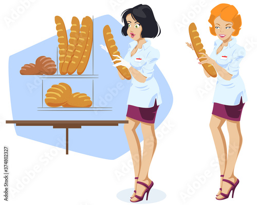 Beautiful saleswoman in bakery store. Picture concept for web page design.
