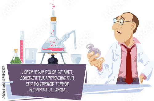 Scientist chemist analyzes laboratory flask. Funny people.