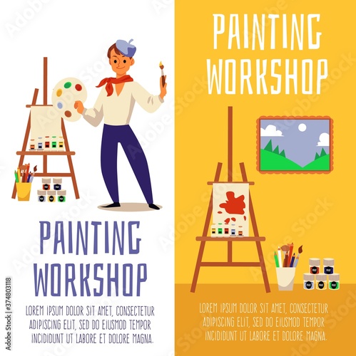 Artist painting workshop - vertical banner set with art teacher and supplies