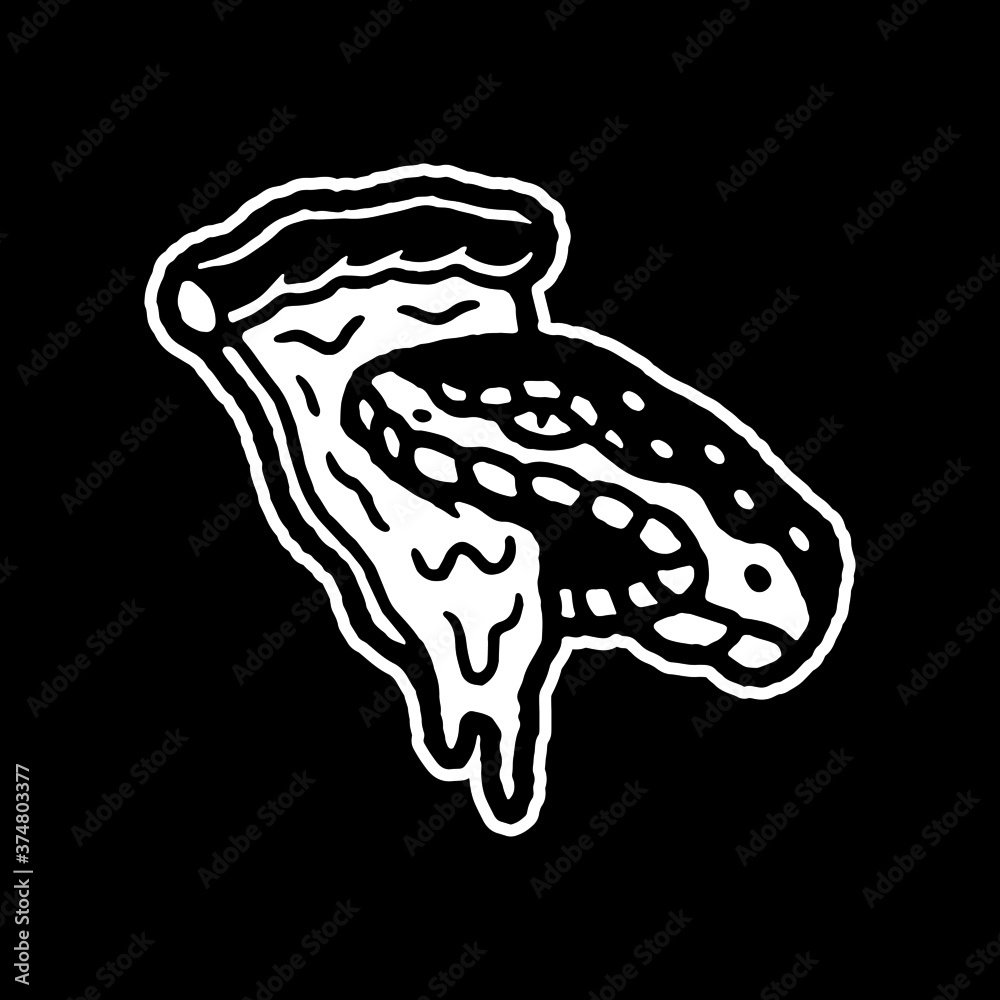 SNAKE HEAD AND PIZZA SLICE WHITE BLACK BACKGROUND SNAKE HEAD AND PIZZA SLICE WHITE BLACK BACKGROUND