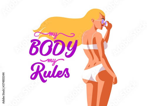 Feminist and body positive vector illustration. Female movements cartoon badges with text.