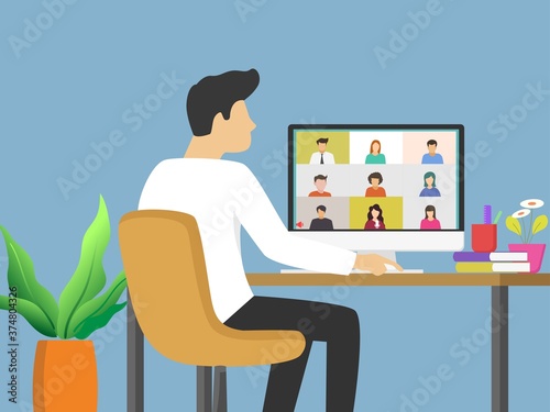 man using computer connecting to people, learning or meeting online with teleconference, video conference remote working, work from home and work from anywhere concept, flat vector illustration